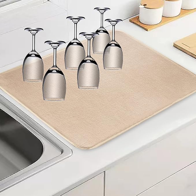 Dish Drying Mats for Kitchen Counter, 2 Pack Dish Drying Pads Dish Rack Mat Drying Pink Kitchen Mat (Beige-2) - Image 2
