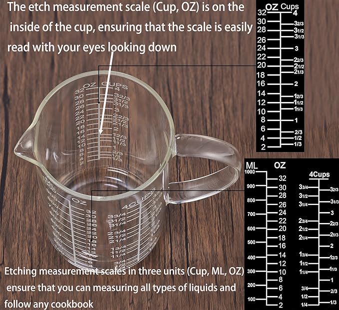 Ackers Mirror Etching Scale Glass Measuring Cup-[Insulated handle | V-Shaped Spout]-Made of High Borosilicate Glass Measuring Cup for Kitchen or Restaurant, Easy to Read, 1000 ML (32 Oz, 4 Cup) - Image 5