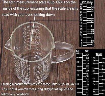 Ackers Mirror Etching Scale Glass Measuring Cup-[Insulated handle | V-Shaped Spout]-Made of High Borosilicate Glass Measuring Cup for Kitchen or Restaurant, Easy to Read, 1000 ML (32 Oz, 4 Cup) - Image 5
