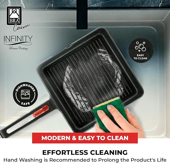 BRA COOKWARE Infinity Nonstick Ribbed Grill Pan (11x11 Inch) | Cast Aluminum Searing Skillet | Removable Handle | PFOA/PFAS Free Square Griddle | All Cooktops (incl Induction) Grilling Skillet