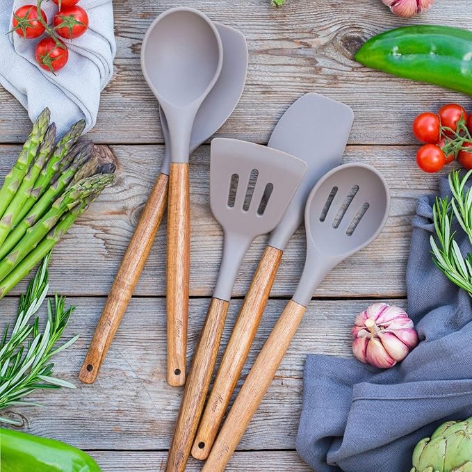 Kitchen Utensils Set, Silicone Cooking Utensils Set,Non-Stick Silicone Spatula Set with Natural Acacia Hard Wood Handle, 5 Piece, Upgraded Thickened Cookware - Image 7