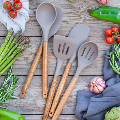 Kitchen Utensils Set, Silicone Cooking Utensils Set,Non-Stick Silicone Spatula Set with Natural Acacia Hard Wood Handle, 5 Piece, Upgraded Thickened Cookware - Image 7