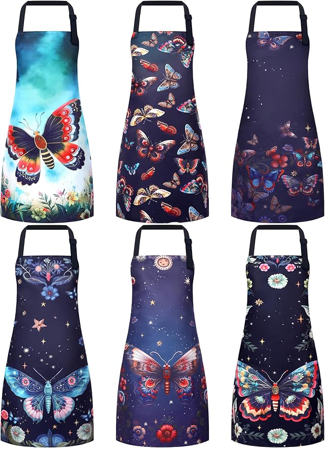Bencailor 6 Pcs Spring Kitchen Aprons with Pockets Flower Rooster Bee Butterfly Sunflower Summer Aprons Bulk for Women(Dark Color,Butterfly) by Bencailor
