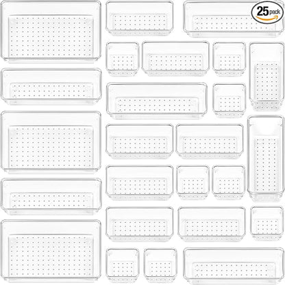 Vtopmart 25 PCS Clear Plastic Drawer Organizers Set, 4-Size Versatile Bathroom and Vanity Drawer Organizer Trays, Storage Bins for Makeup, Bedroom, Kitchen Gadgets Utensils and Office by Vtopmart