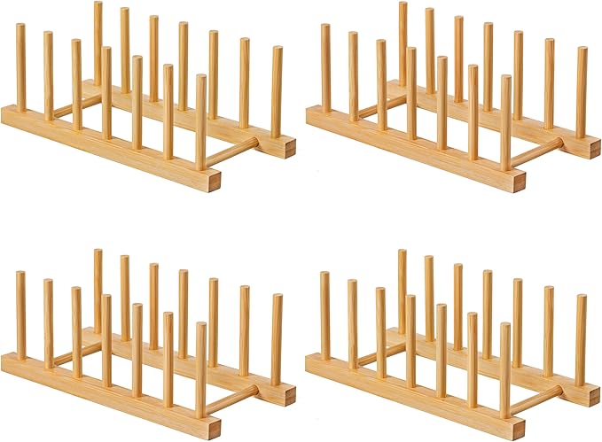 HBlife 4pcs Bamboo Dish Plate Bowl Cup Book Pot Lid Cutting Board Drying Rack Stand Drainer Storage Holder Organizer Kitchen Cabinet（Keep Dry） by HBlife