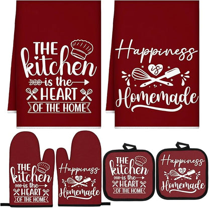 Sratte 6 Pcs Kitchen Decor Accessories Set Farmhouse Towels Pot Holders Oven Mitts Set 2 Dish Towels 2 Potholders 2 Cooking Mittens Oven Glove for Christmas Baking Cooking(Wine Red,Kitchen) by Sratte