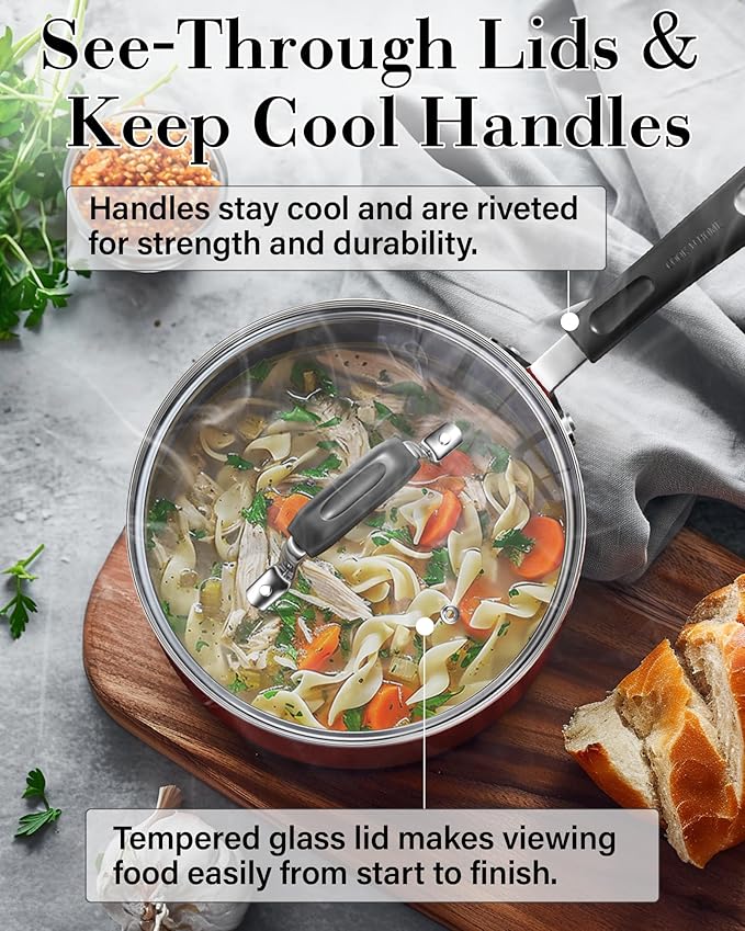 Cook N Home Pots and Pans Nonstick Cookware Set 12-Piece, Kitchen Cooking Set with Frying Pans and Saucepans, Induction Compatible, Marble Red - Image 5