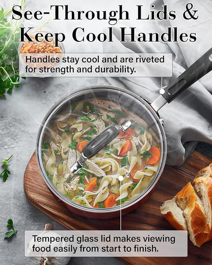 Cook N Home Pots and Pans Nonstick Cookware Set 12-Piece, Kitchen Cooking Set with Frying Pans and Saucepans, Induction Compatible, Marble Red - Image 5
