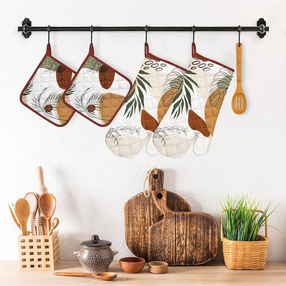 Boho Leaf Oven Mitts and Pot Holders Sets 4Pcs, 100% Cotton Heat Resistant, Extra Long Oven Gloves Potholder for Kitchen Cooking Baking Decoration, Housewarming Gifts for Mom - Image 5