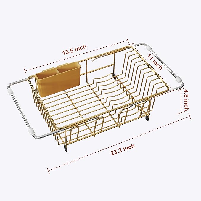 JASIWAY Gold in Sink Dish Drying Rack, Expandable Stainless Steel Small Dish Rack Over Kitchen Sink, Plate Drainer Strainer with Cutlery Holder & Cup Holders, Counter Space Saving Wire Dryer Rack - Image 7