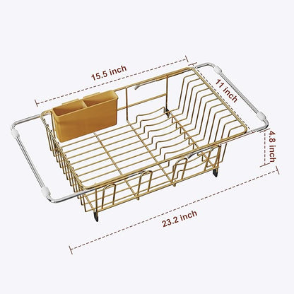 JASIWAY Gold in Sink Dish Drying Rack, Expandable Stainless Steel Small Dish Rack Over Kitchen Sink, Plate Drainer Strainer with Cutlery Holder & Cup Holders, Counter Space Saving Wire Dryer Rack - Image 7
