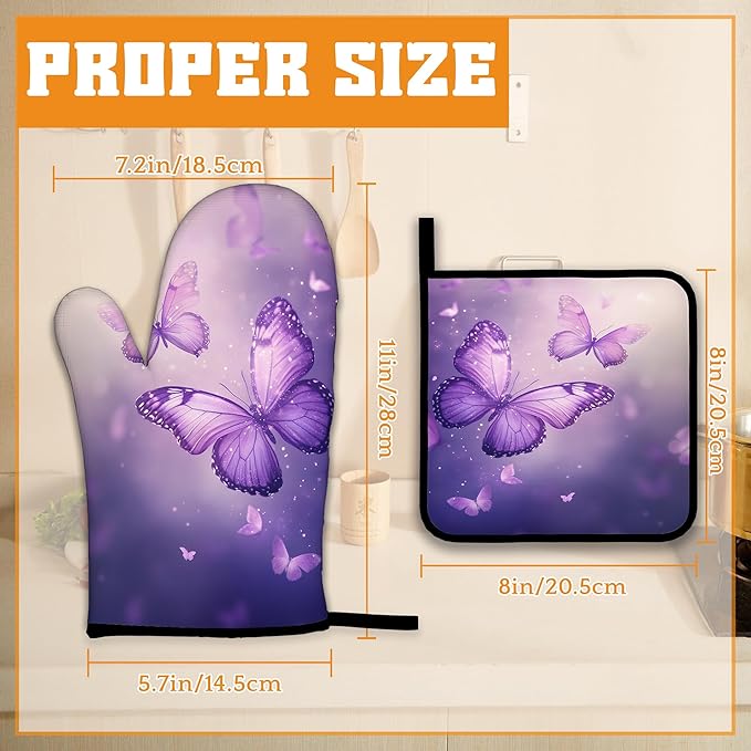 Purple Butterfly Oven Mitts and Pot Holders Set,Sparkling Kitchen Oven Gloves and Pot Holder with Heat Resistant Non Slip for Cooking Baking Grilling(4 Piece Set)