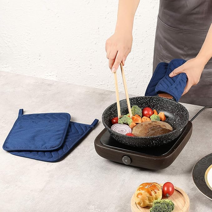 Cotton Pocket Pot Holders Machine Washable Heat Resistant Hot Pads for Kitchen Square Blue Oven Mitts 7"x9" Set of 3 - Image 7