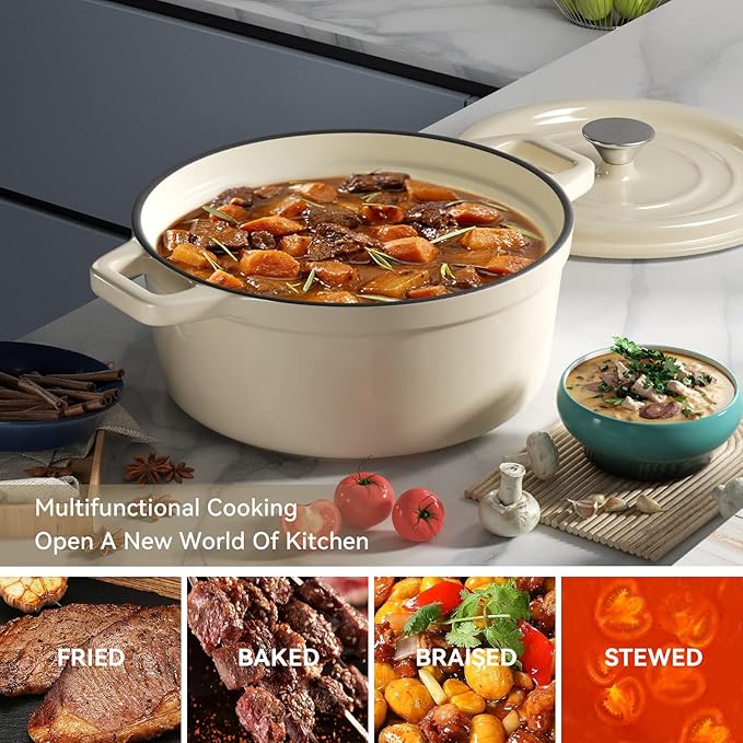 Miereirl 6.5 Quart Enameled Dutch Oven Pot with Lid, Cast Iron Dutch Oven with Dual Handles for Bread Baking, Cooking, Non-stick Enamel Coated Cookware (Beige) - Image 7
