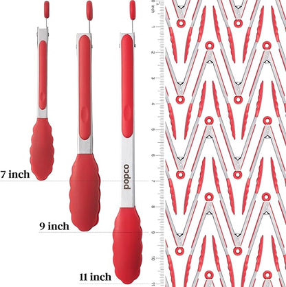 Popco 3-Piece Kitchen Tongs Set – Stainless Steel Heat Resistant Silicone Tips, Strong Comfort Grip, 3 Sizes (7, 9, 12 Inch), Non-Scratch, Dishwasher Safe, For Cooking, BBQ, Salad - Image 2