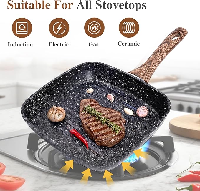 3 Pcs Pots and Pans Set, Nonstick & Non-Toxic Healthy Pots and Pans with Wooden Handle, Durable Skillet Indoor & Outdoor Use, All Stovetops Compatible, PFOA Free, Black