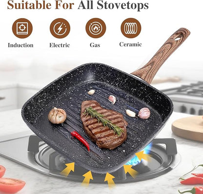 3 Pcs Pots and Pans Set, Nonstick & Non-Toxic Healthy Pots and Pans with Wooden Handle, Durable Skillet Indoor & Outdoor Use, All Stovetops Compatible, PFOA Free, Black