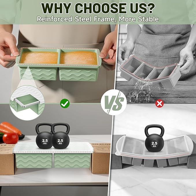 3-Pack Silicone Freezer Trays with Lid, Soup Freezer Container Molds, Silicone Freezer Molds, Ice Cube Tray for freezing Soup Sauce Broth Leftovers, Dishwasher & Oven Safe, BPA Free (2-cup,green)
