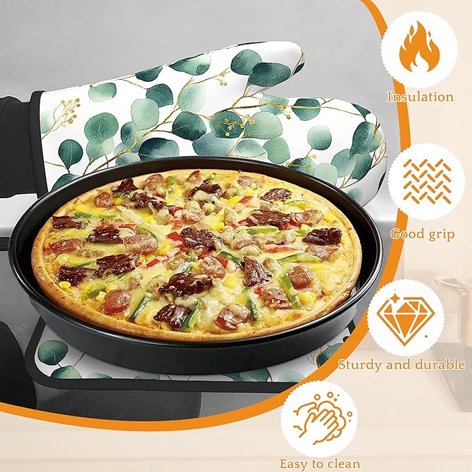 Eucalyptus Leaf Oven Mitts and Pot Holders Set,Golden Green Kitchen Decor Heat Resistant Non Slip Hot Pads and Oven Mitt for Chef Cooking Baking BBQ Mom Girl Gifts(4 Piece Set)