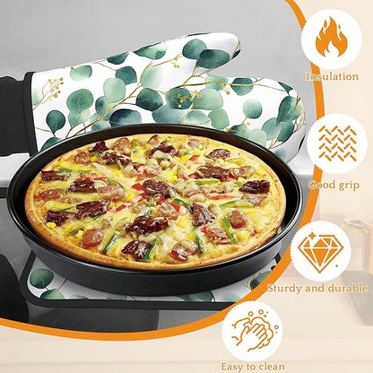 Eucalyptus Leaf Oven Mitts and Pot Holders Set,Golden Green Kitchen Decor Heat Resistant Non Slip Hot Pads and Oven Mitt for Chef Cooking Baking BBQ Mom Girl Gifts(4 Piece Set)