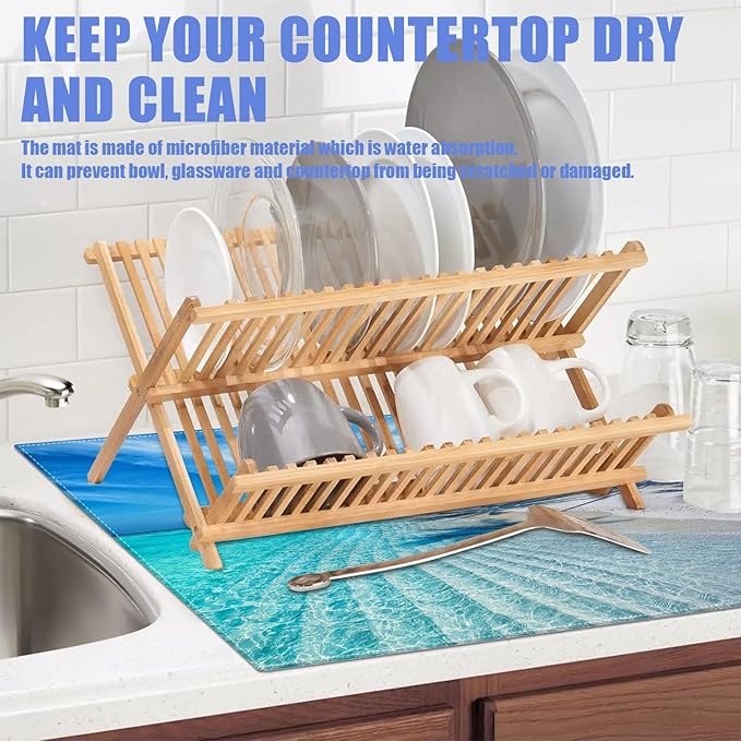 Beach Palm Tree Dish Drying Mat for Kitchen Counter Drying Pad Absorbent Reversible Dish Drainer Rack Mats Draining Pad 18"x24"Inch - Image 5