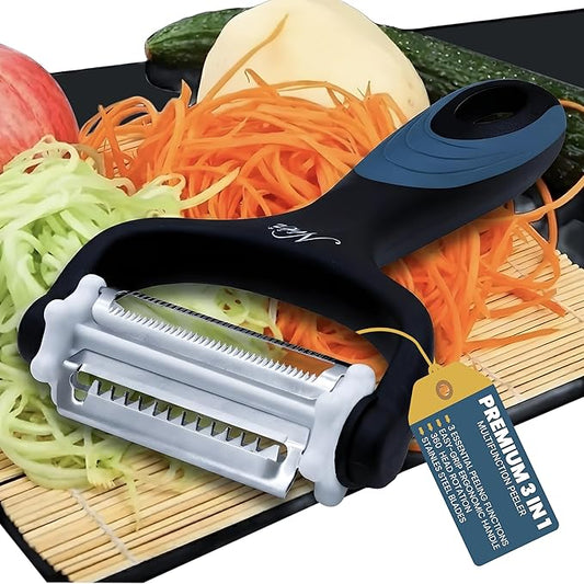 Julienne Peeler (3 Blades, 360° Rotating) Y Peelers for Potato Vegetable Carrot Cucumber & Fruits – Multifunction Stainless Steel Blades, Anti Slip Handle