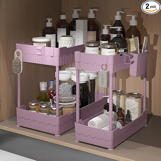 Sevenblue 2 Pack Under Sink Organizer, Under Bathroom Cabinet Organizer with Hooks Hanging Cup, Multi-Purpose Storage Shelf for Kitchen Bathroom (Pink, 12.8 Inch) by Sevenblue