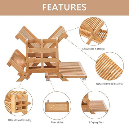 HBlife Bamboo Dish Drying Rack with Utensil Holder, 3-Tier Large Collapsible Wooden Dish Drainer Rack, Folding Drying Holder Dish Drainer for Kitchen Counter - Image 3