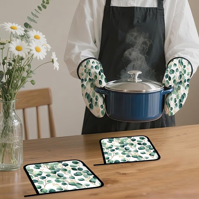 Eucalyptus Leaf Oven Mitts and Pot Holders Set,Golden Green Kitchen Decor Heat Resistant Non Slip Hot Pads and Oven Mitt for Chef Cooking Baking BBQ Mom Girl Gifts(4 Piece Set)