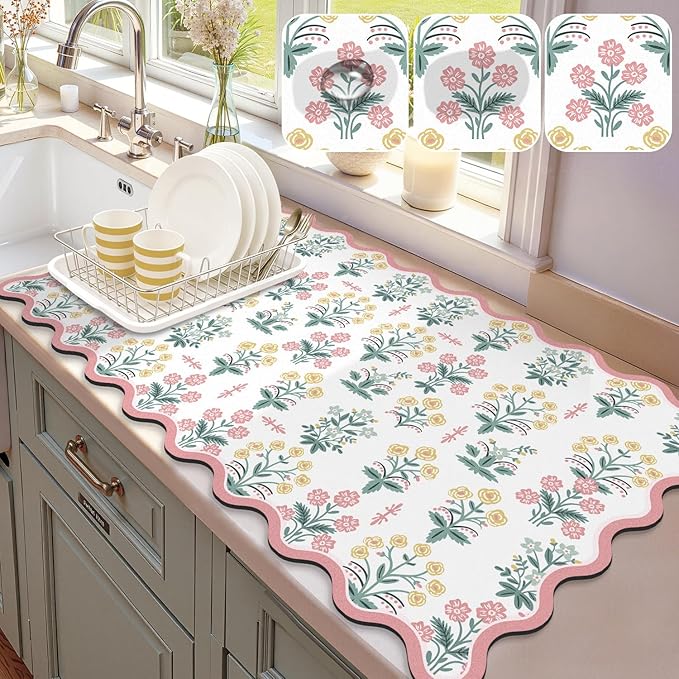 LOKHOM Scalloped Floral Dish Drying Mat, 17"x32" Super Absorbent Coffee Mat with Unique Pink Pastoral Floral, Cuttable Hide Stain Non-slip Drying Mat for Kitchen Counter Coffee Maker Espresso Machine by LOKHOM
