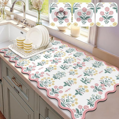 LOKHOM Scalloped Floral Dish Drying Mat, 17"x32" Super Absorbent Coffee Mat with Unique Pink Pastoral Floral, Cuttable Hide Stain Non-slip Drying Mat for Kitchen Counter Coffee Maker Espresso Machine by LOKHOM