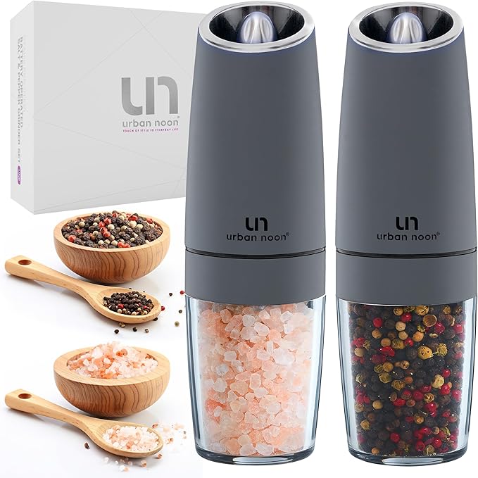 Urban Noon Gravity Salt and Pepper Grinder Set - Battery Operated Electric Grinders with Light (2 Matte Gray Mills) - Automatic One Handed Operation - Electronic Adjustable Shakers - Ceramic Grinders by urbannoon