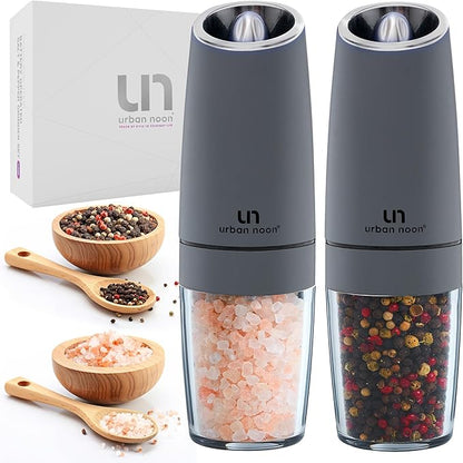 Urban Noon Gravity Salt and Pepper Grinder Set - Battery Operated Electric Grinders with Light (2 Matte Gray Mills) - Automatic One Handed Operation - Electronic Adjustable Shakers - Ceramic Grinders by urbannoon