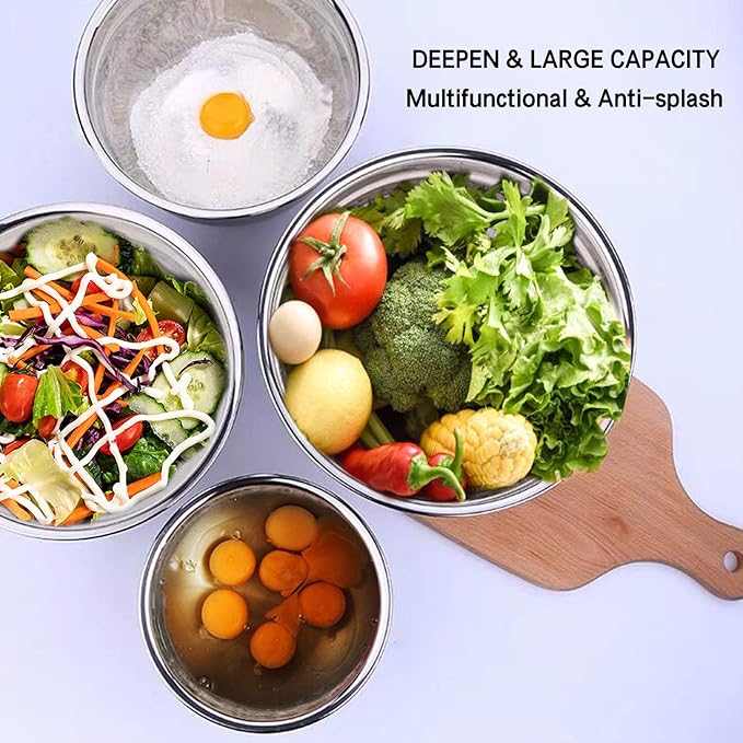 Umite Chef Mixing Bowls with Airtight Lids，6 piece Stainless Steel Metal Nesting Storage Bowls, Non-Slip Bottoms Size 7, 3.5, 2.5, 2.0,1.5, 1QT, Great for Mixing & Serving(Black) - Image 7