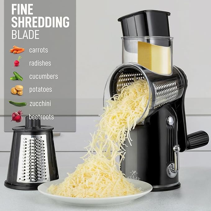 Zulay Kitchen Rotary Cheese Grater 5 Blade Cheese Shredder - Manual Hand Crank Cheese Grater With Reinforced Suction & 5 Interchangeable Drums - Easy to Use, Vegetable Chopper Round Mandoline Slicer - Image 6