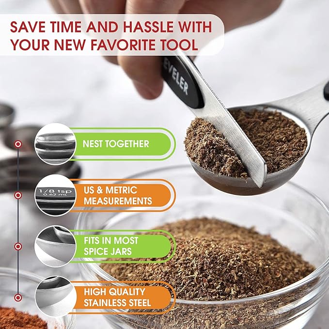 Spring Chef Stainless Steel Magnetic Measuring Spoons Set of 8 with Leveler, Dual Sided Metal Teaspoon & Tablespoon Measuring Spoons, Nesting Kitchen Gadgets for Baking & Cooking - 2 Pack - Black - Image 5