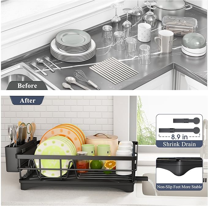 Dish Drying Rack - Rust Resistant Dish Drainer for Kitchen Counter with Drainboard & Rotating Spout, Large-Capacity Dish Rack with Removable Utensil Holder, Space-saving kitchen organizer, Black - Image 6