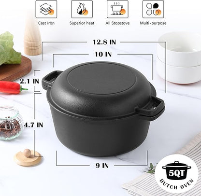 E-far 5QT Dutch Oven for Bread Baking, 2-IN-1 Cast Iron Pot with Skillet Lid & Sourdough Starter Kit, Bread Oven Pan with Baking Supplies for Frying, Braising, BBQ, Rust-Free & Heavy Duty