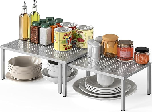 Simple Houseware Expandable Stackable Cabinet and Counter Shelf Organizer with Steel Surface, 9" D x 12.75" W x 5.9" H, Silver by SimpleHouseware