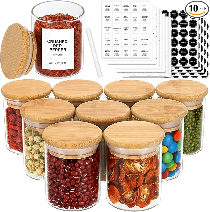 EgticHome 4OZ Glass Spice Jars with Bamboo Lids and 315 Labels, 10 Pcs Clear Food Storage Containers for Kitchen Sugar Salt Coffee Tea Beans by abc