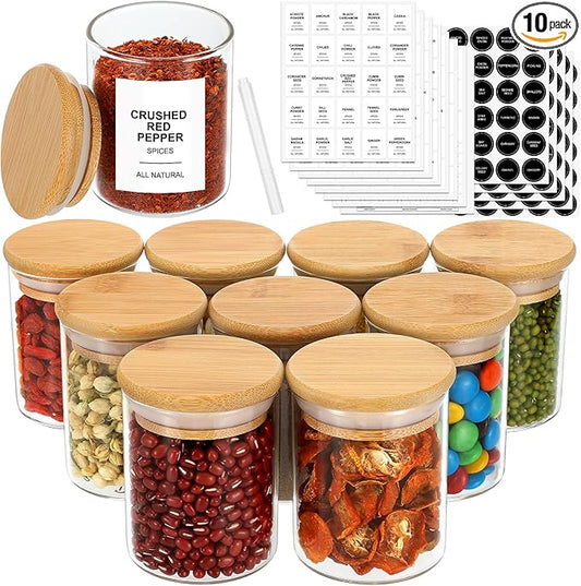 EgticHome 4OZ Glass Spice Jars with Bamboo Lids and 315 Labels, 10 Pcs Clear Food Storage Containers for Kitchen Sugar Salt Coffee Tea Beans by abc