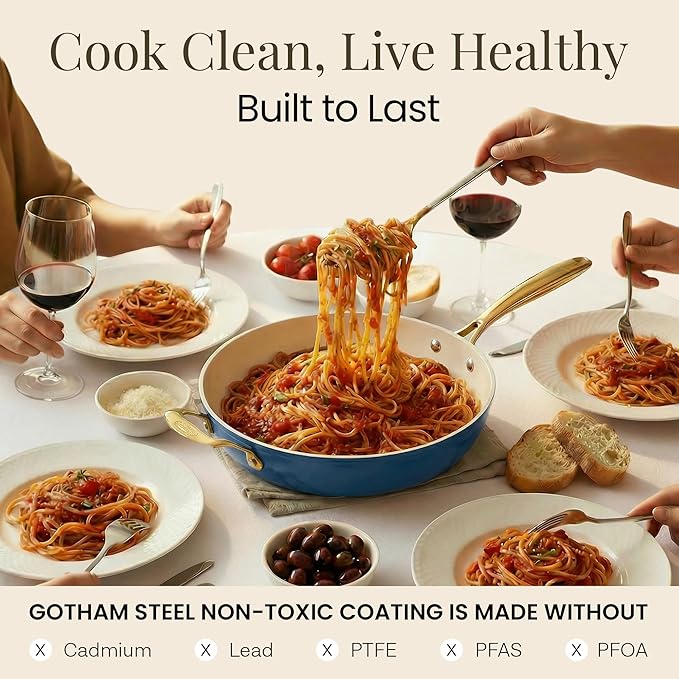 Gotham Steel 14 Inch Non Stick Frying Pans, Family Sized Non Stick Skillet, Large Frying Pan Nonstick Frying Pan, Induction Pan, Nonstick Pan for Cooking, Oven Safe Skillet, Dishwasher Safe–Cream Navy