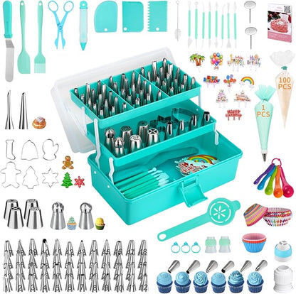 Cake Decorating Supplies Tools Kit: 358 pcs Baking Accessories with Storage Case - Piping Bags and Icing Tips Set - Puffs Christmas Cookie Cutters Cupcake Set for Beginners or Professional, Mint Green by AUKOW