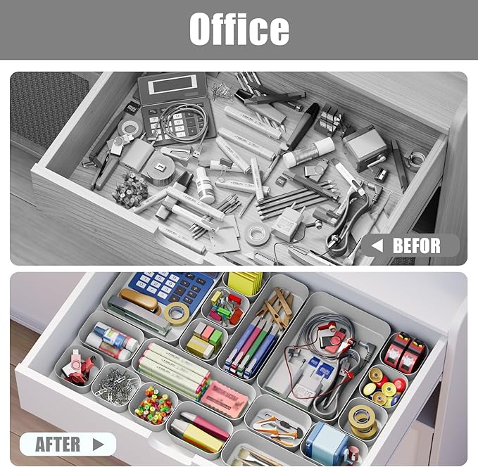 18 pcs Desk Drawer Organizer Tray, Multiple Sizes Plastic Drawer Organizer Storage, Stackable Organizer Containers For Makeup, Bedroom, Kitchen Gadgets Utensils and Office - Image 6