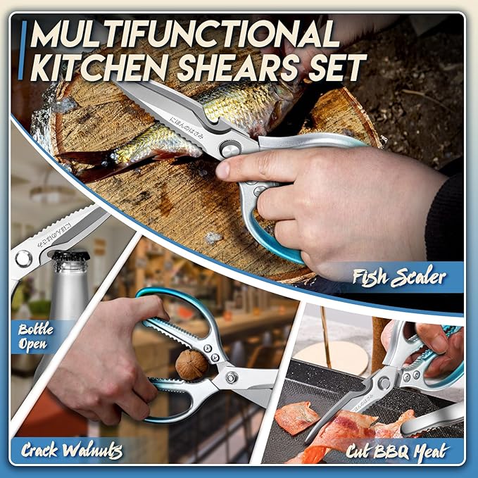 TIJERAS Kitchen Scissors Set Blue - Stainless Steel Kitchen Shear, Sharp Meat Scissors Dishwasher Safe, Heavy Duty Poultry Shears, Japanese Cooking Scissor for Food, Chicken,Turkey, Christmas Gifts - Image 2