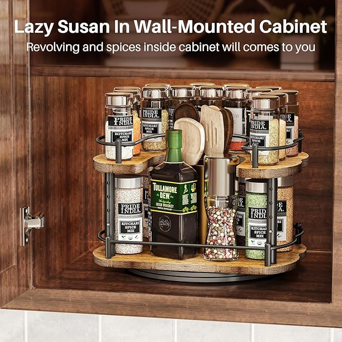 Lazy Susan Organizer Spice Rack - Spice Organization for Cabinet Height Adjustable Rotating Lazy Turntable, Pantry Kitchen Wood Revolving Seasoning Organizer (Vintage, 12 Inch) - Image 7