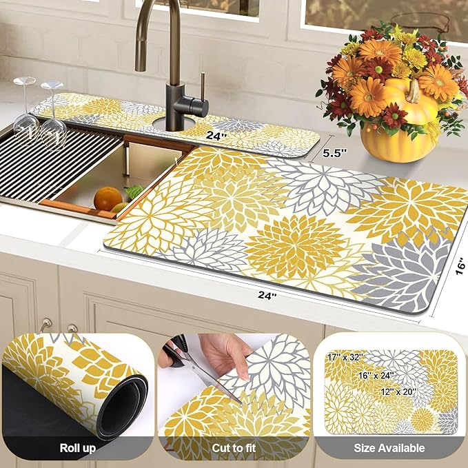Findosom 2PCS 16" x 24" Fall Dish Drying Mat & 24" x 5.5" Sink Splash Guard, Super Absorbent & Cuttable Dish Mat Drying Kitchen Mat with Yellow Floral, Hide Stain Drying Mat for Kitchen Counter - Image 2