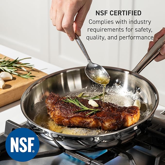 T-Fal Pro Tri-Ply Stainless Steel Saute Pan with Lid, 3 Quart, Induction Pot, Oven Safe 500F, Lid 350F, Deep Frying Pan, Fast & Even Heat, Professional Quality, Durable, Silver - Image 3
