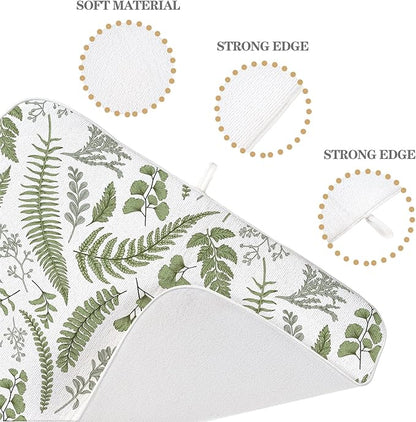 Sage Green Herb Leaves Dish Drying Mat 18 x 24 Inch Vintage Sage Green Leaf Plant Drying Mat for Kitchen Counter Absorbent Spring Summer Botanical Dishes Dry Pad for Drainer Rack Kitchen Fast Dry