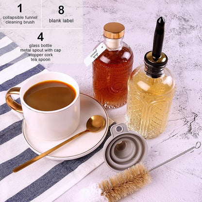 Glass Syrup Dispenser Set - 4 Pack 7oz Bottles with Metal Pour Spouts, Stoppers, Spoons for Coffee, Tea, Vanilla, Caramel, Honey - Image 2